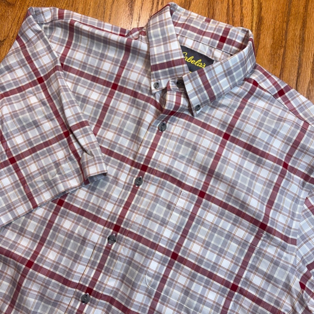 Cabelas Shirt Mens XLT Red Grey Plaid Button Down Short Sleeve Cotton Tall